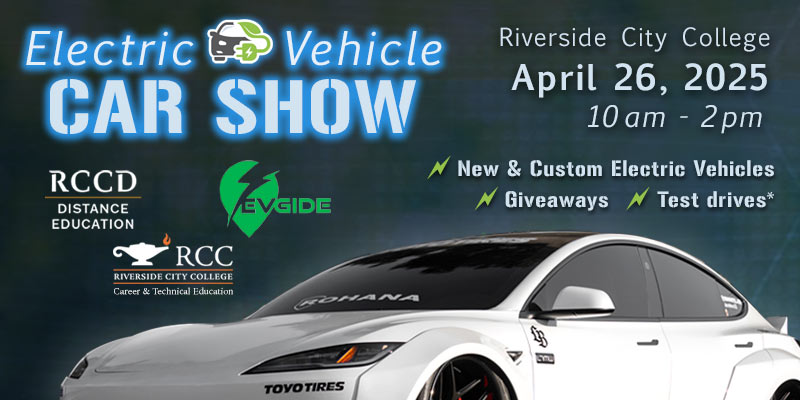 Electric Vehicle Car Show happening at Riverside City College, April 26, 2025, 10 am
