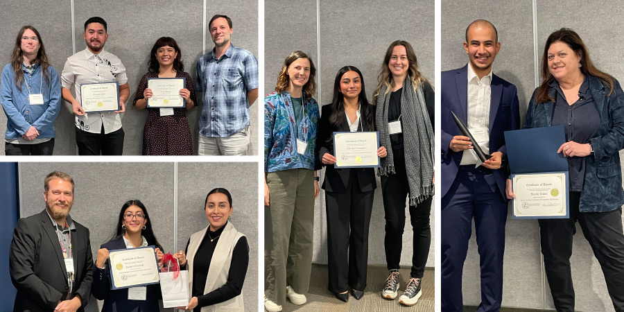 A collage of award recipients posing with certificates and college Honors faculty