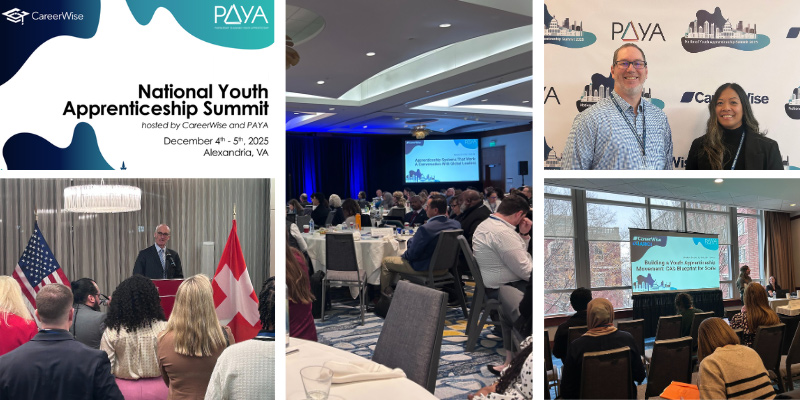 Collage of photos from the apprenticeship summit event, including attendees, speakers and slide deck covers